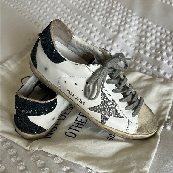 Golden Goose White and Navy  Superstar Sneakers - Picture 1 of 10